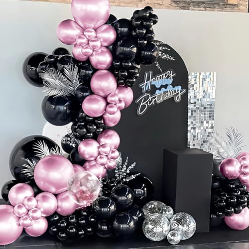 MOXMAY 151-Piece Metallic Pink and Black Balloon Arch Kit for Party Decorations with Assembly Accessories
