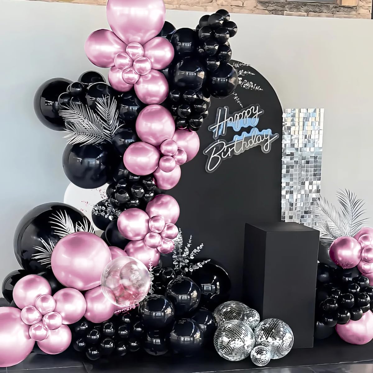 MOXMAY 151-Piece Metallic Pink and Black Balloon Arch Kit for Party Decorations with Assembly Accessories