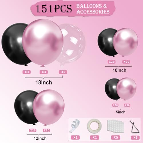 MOXMAY 151-Piece Metallic Pink and Black Balloon Arch Kit for Party Decorations with Assembly Accessories