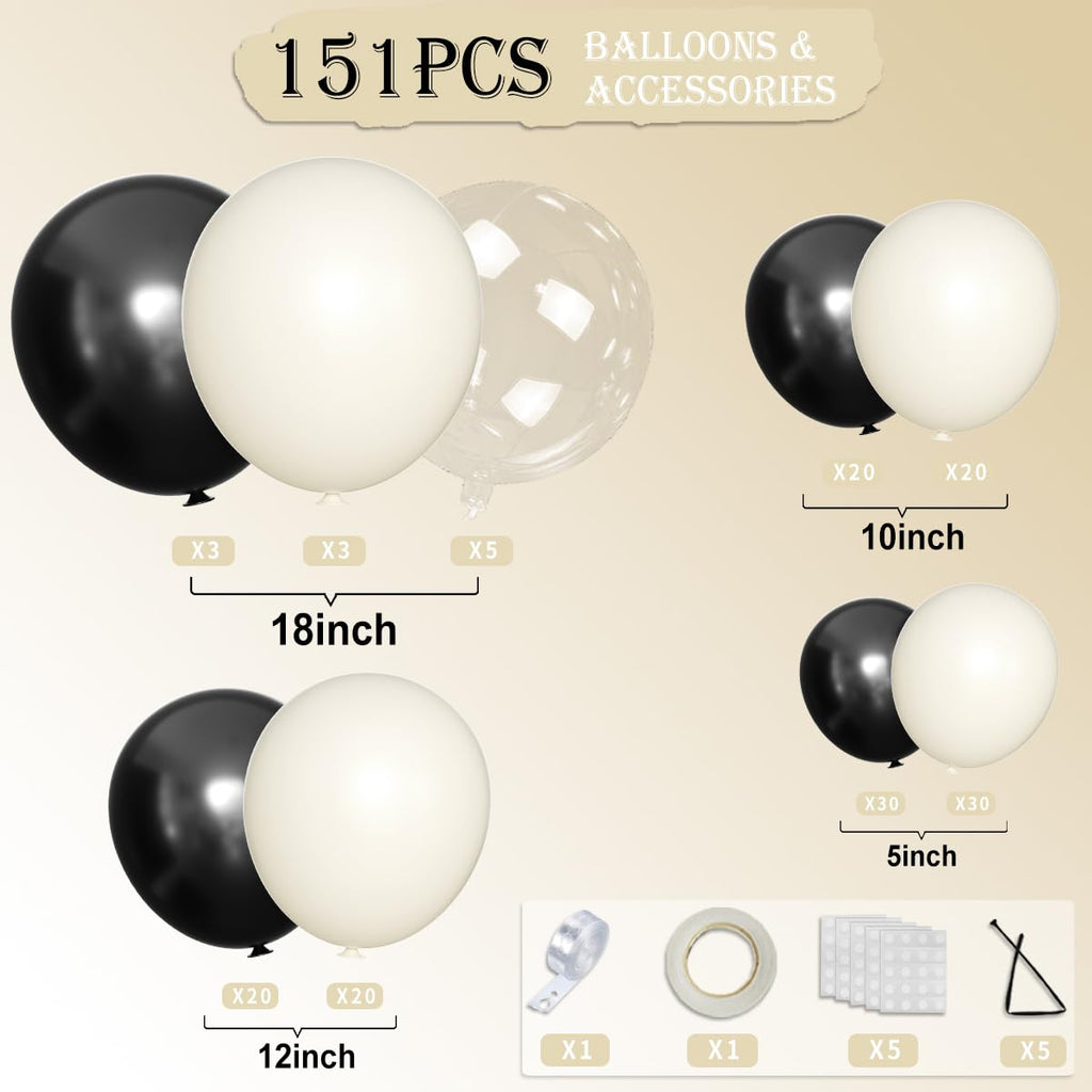 MOXMAY 151Pcs Black and White Sand Balloon Arch Kit with Bobo Balloons for Party Decor
