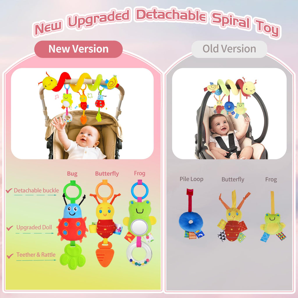 MPQMPQ Car Seat Toys for Babies 0-6 Months - Spiral Hanging Toy with Detachable Rattles