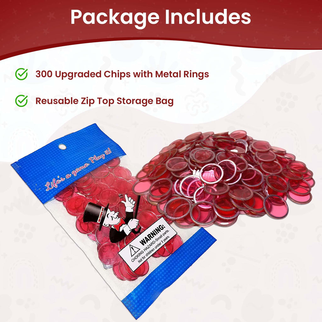 MR CHIPS 300 Magnetic Bingo Chips, Red Transparent 3/4 Inch, with Metal Ring & Storage Bag