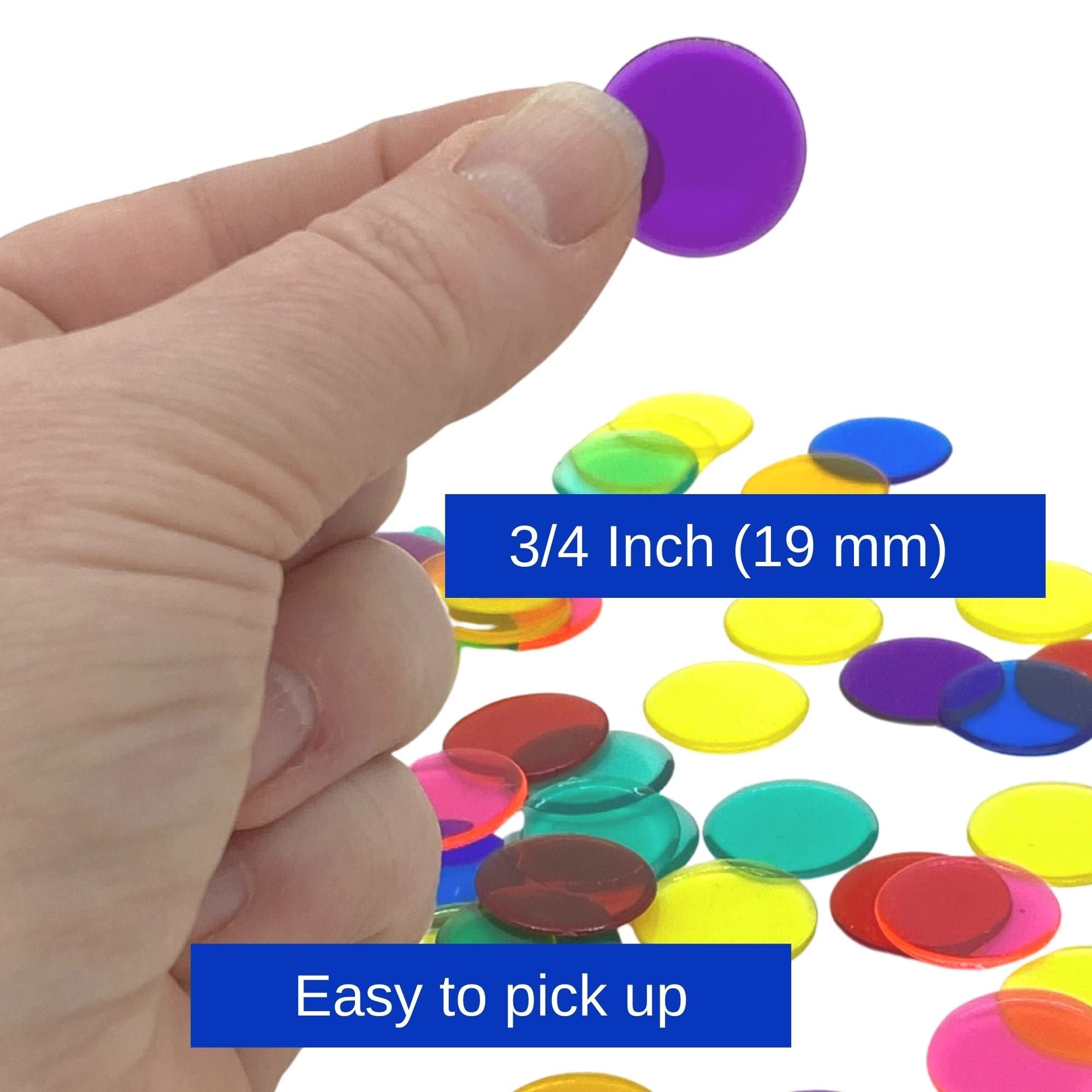 MR CHIPS 500-Piece Plastic Bingo Chips - Transparent 7-Color Mix, 3/4 Inch Diameter