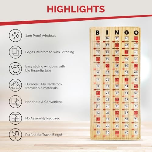 MR CHIPS Large Bingo Master Board – Jam-Proof Sliding Windows, Tan Woodgrain, Reusable