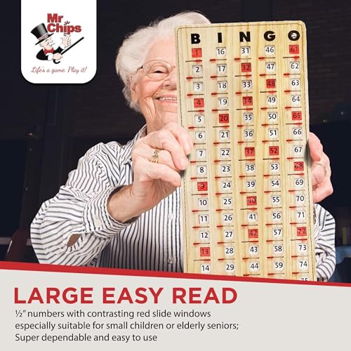 MR CHIPS Large Bingo Master Board – Jam-Proof Sliding Windows, Tan Woodgrain, Reusable