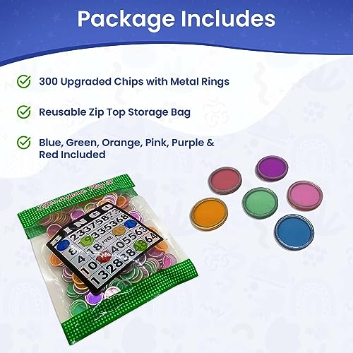 MR CHIPS Magnetic Bingo Chips - 300 Pieces, 3/4 Inch, Assorted Transparent Colors with Metal Ring & Reusable Bag