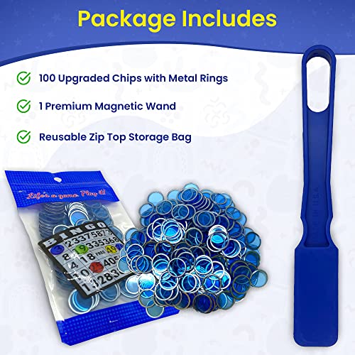 MR CHIPS Magnetic Bingo Chips Set - 100 Plastic Chips 3/4 Inch with Metal Rings, 1 Magnetic Wand, 7 Colors, Reusable Storage Bag - Made in USA