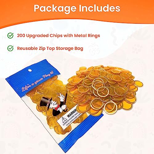 MR CHIPS Magnetic Bingo Chips with Metal Ring – 200 Orange Transparent 3/4 Inch Pieces in Reusable Storage Bag