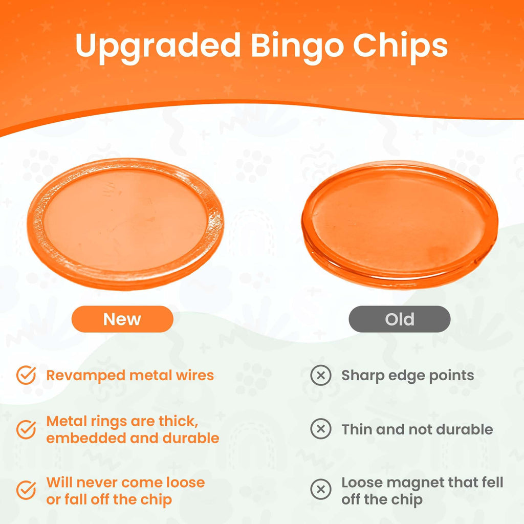 MR CHIPS Magnetic Bingo Chips with Metal Ring – 200 Orange Transparent 3/4 Inch Pieces in Reusable Storage Bag