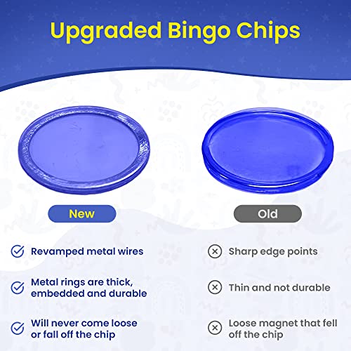 MR CHIPS Magnetic Bingo Wand Set - 200 Blue 3/4-Inch Chips with Metal Rings, Heavy-Duty Magnet, Made in USA