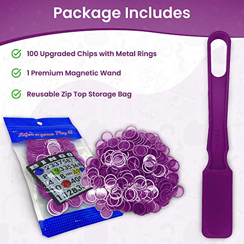 MR CHIPS Magnetic Wands and Chips Set – 100 Plastic Bingo Chips with Metal Rings, Reusable Storage Bag, 7 Colors, Made in USA