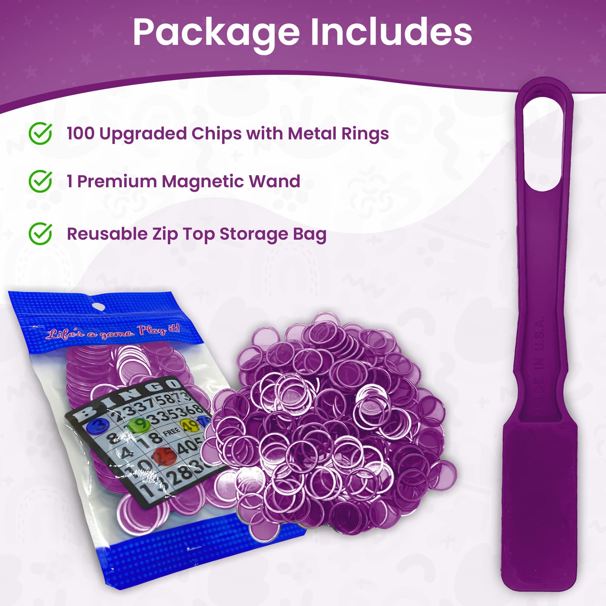 MR CHIPS Magnetic Wands and Chips Set – 100 Plastic Bingo Chips with Metal Rings, Reusable Storage Bag, 7 Colors, Made in USA