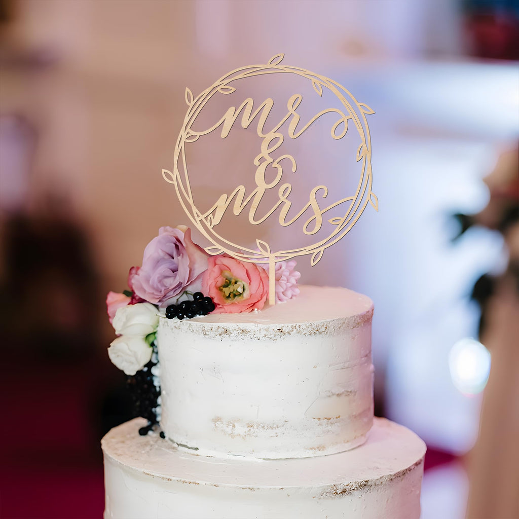 Mr & Mrs Wooden Wedding Cake Topper - 5 Inches Wide, Fits 4-8 Inch Cakes