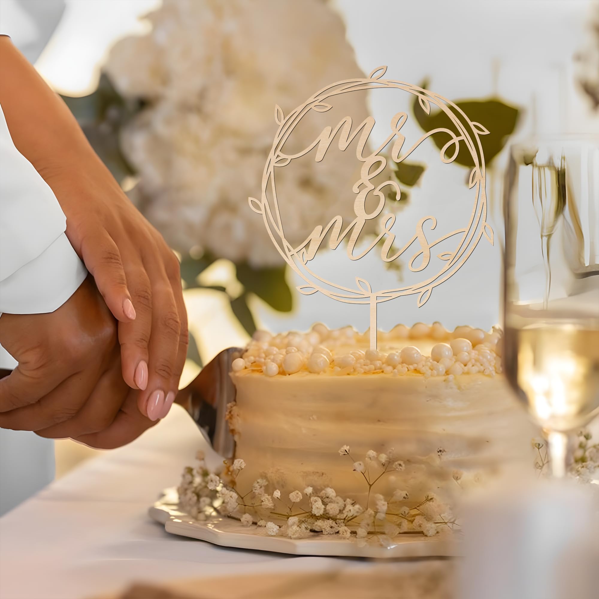 Mr & Mrs Wooden Wedding Cake Topper - 5 Inches Wide, Fits 4-8 Inch Cakes