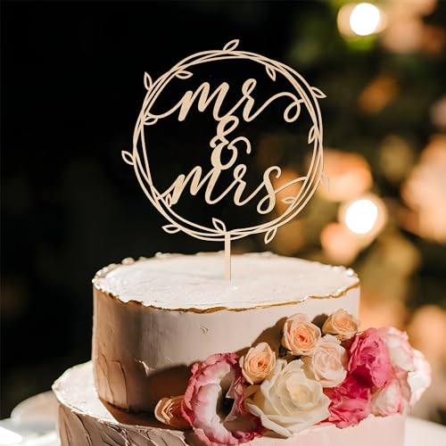 Mr & Mrs Wooden Wedding Cake Topper - 5 Inches Wide, Fits 4-8 Inch Cakes
