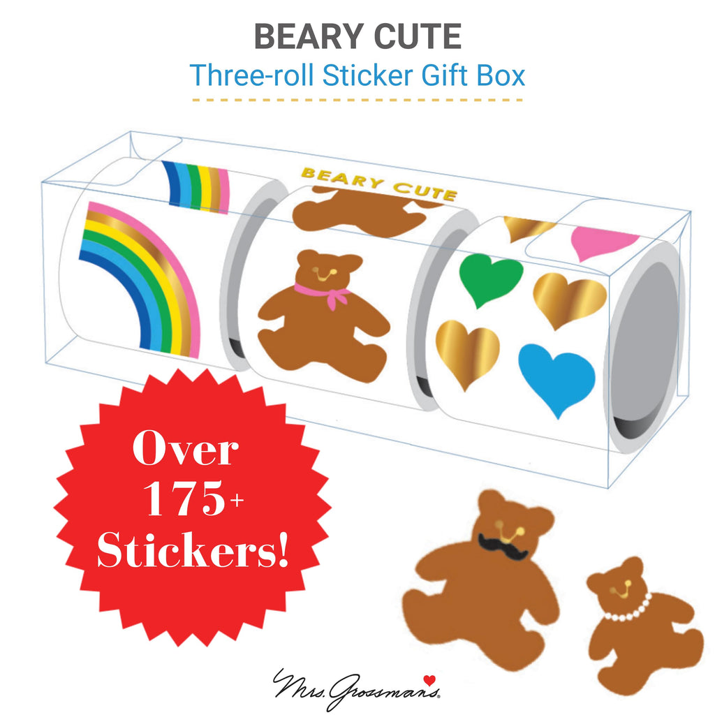 Mrs. Grossman's Beary Cute 3-Roll Sticker Gift Box – 175+ Premium Bear, Rainbow & Heart Stickers with Gold Foil