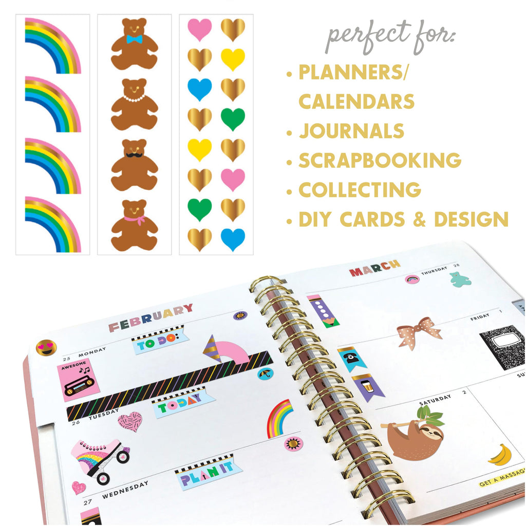 Mrs. Grossman's Beary Cute 3-Roll Sticker Gift Box – 175+ Premium Bear, Rainbow & Heart Stickers with Gold Foil