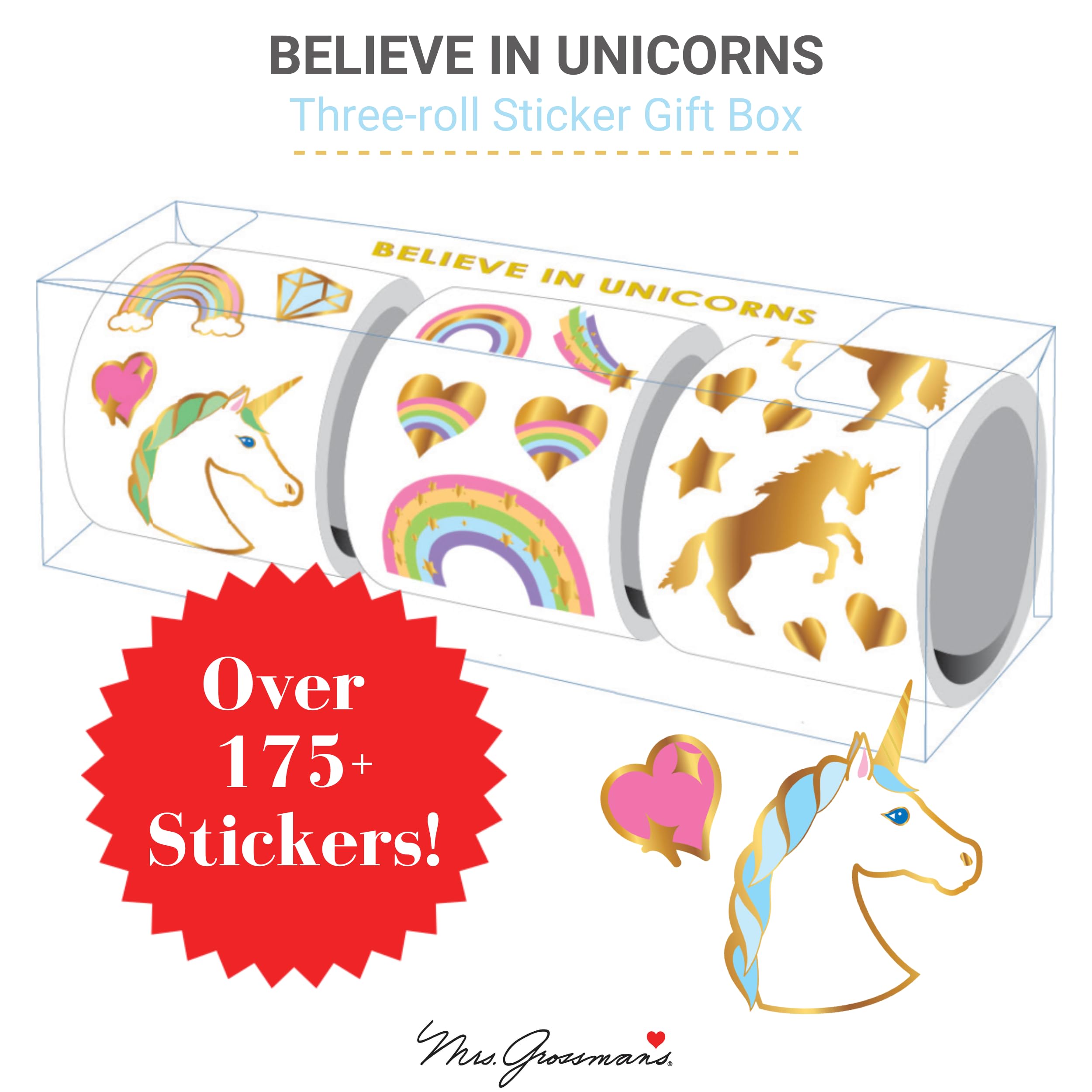 Mrs. Grossman's Believe in Unicorns Gift Box: 3 Rolls of Stickers with Over 175 Unicorns, Rainbows, Hearts & More for Scrapbooking, Journaling, and Crafting