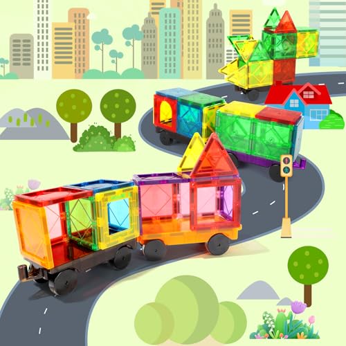Mruikeny 4-Piece Magnetic Tiles Cars Set - Compatible Magnetic Building Blocks for Kids 3+