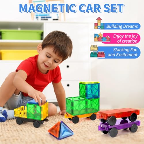 Mruikeny 4-Piece Magnetic Tiles Cars Set - Compatible Magnetic Building Blocks for Kids 3+