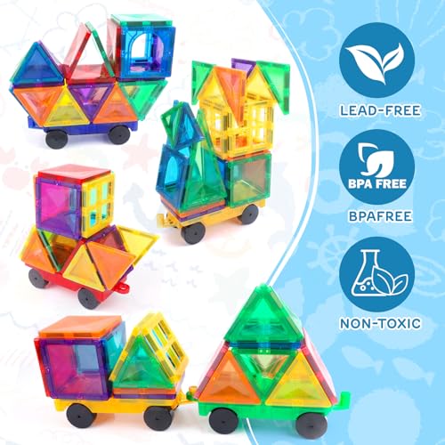 Mruikeny Magnetic Tiles Cars Construction Set – 4-Pack Magnet Building Blocks for Kids Ages 3+
