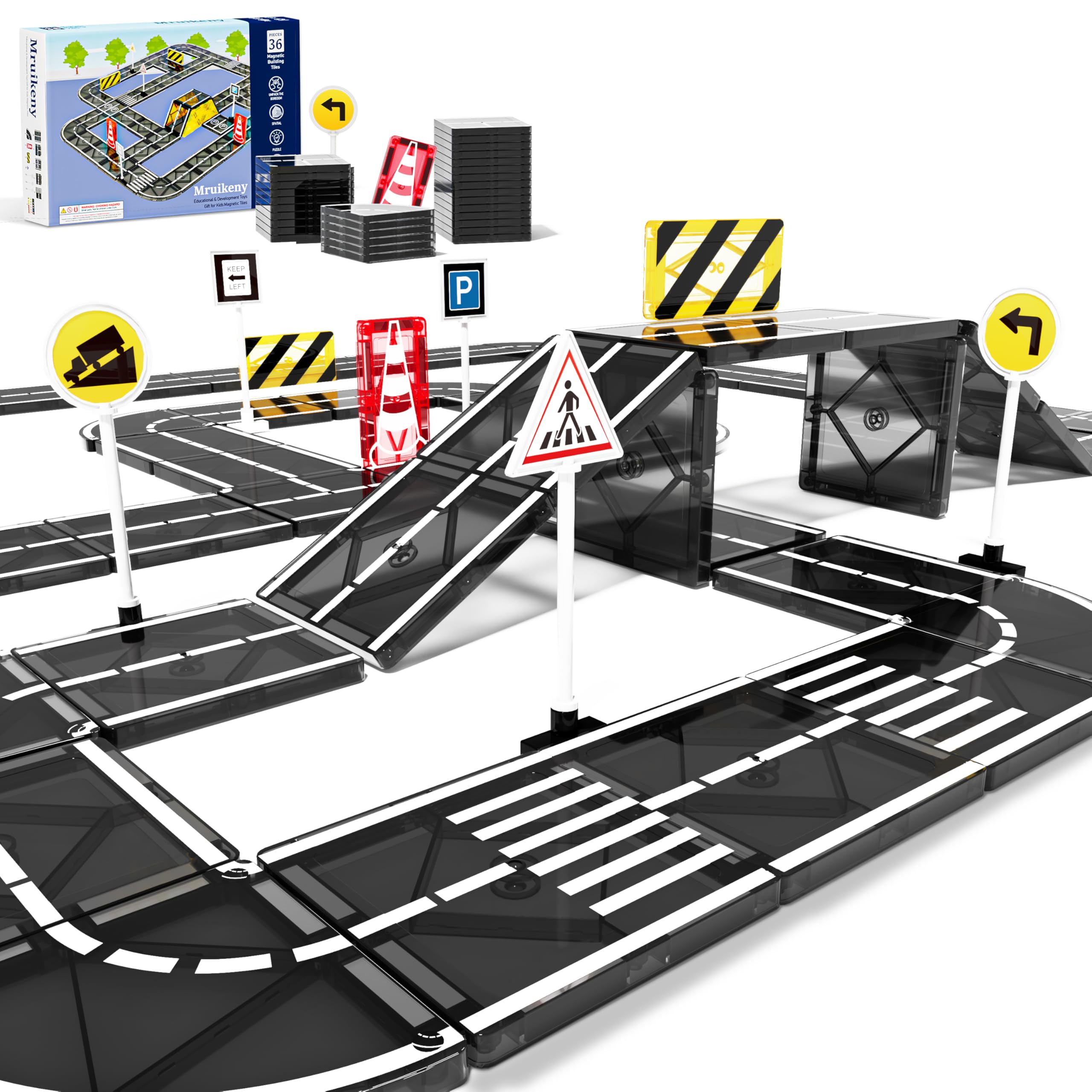 Mruikeny Magnetic Tiles Road Set – 23 Piece STEM Building Blocks with Road Signs for Kids Ages 3-8