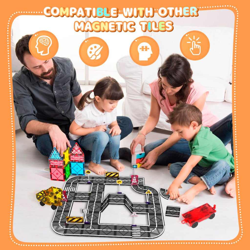 Mruikeny Magnetic Tiles Road Set – 23 Piece STEM Building Blocks with Road Signs for Kids Ages 3-8