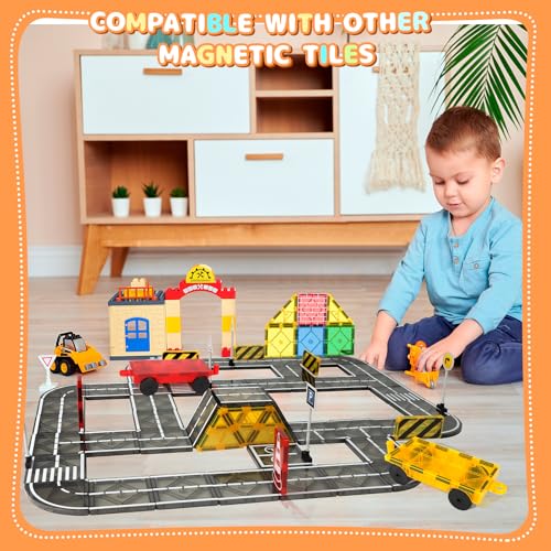 Mruikeny Magnetic Tiles Road Set – 23 Piece STEM Building Blocks with Road Signs for Kids Ages 3-8