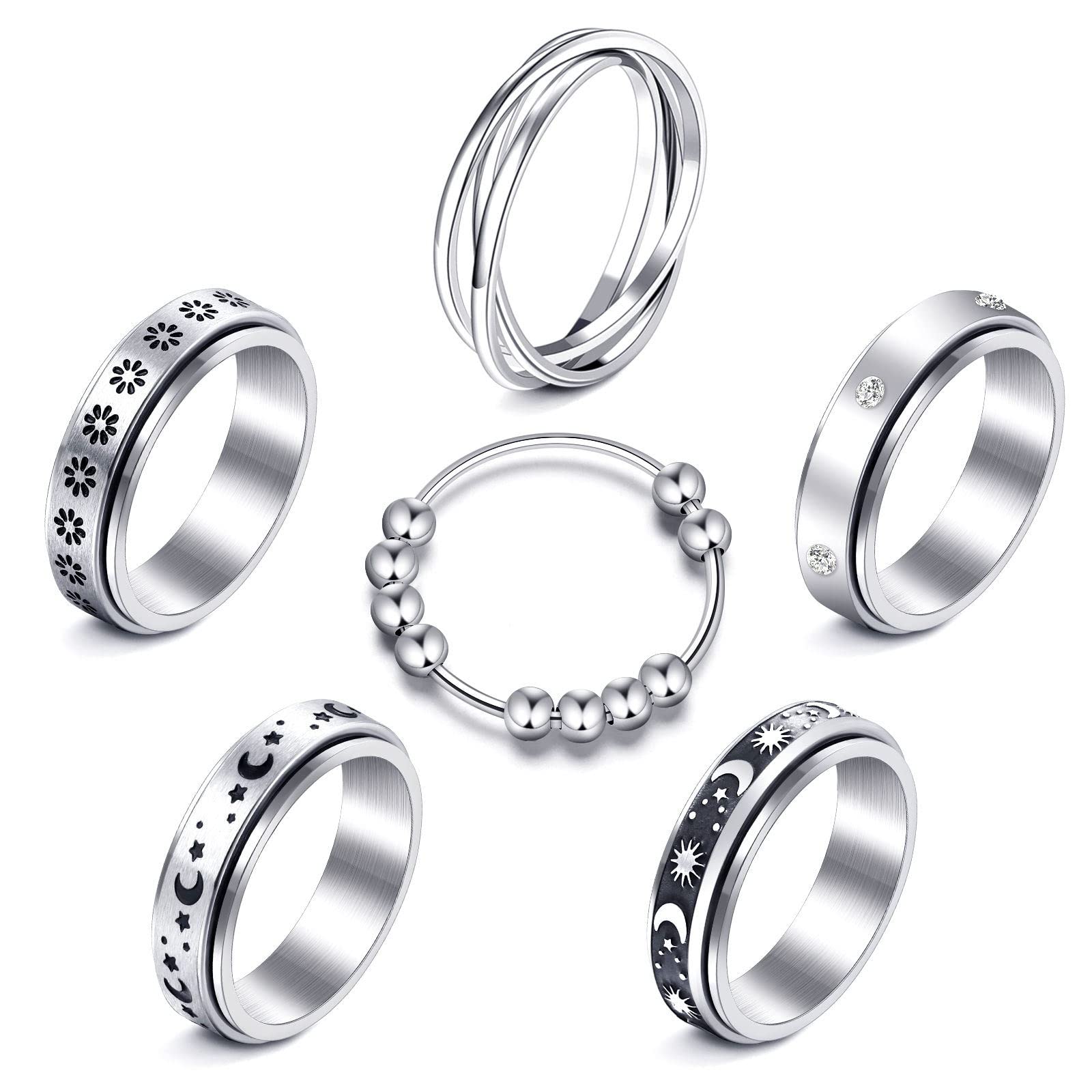MUCAL 8-Pack Fidget Rings for Anxiety - Stainless Steel Spinner Rings with Moon, Star, Bead Designs - Sizes 6-10