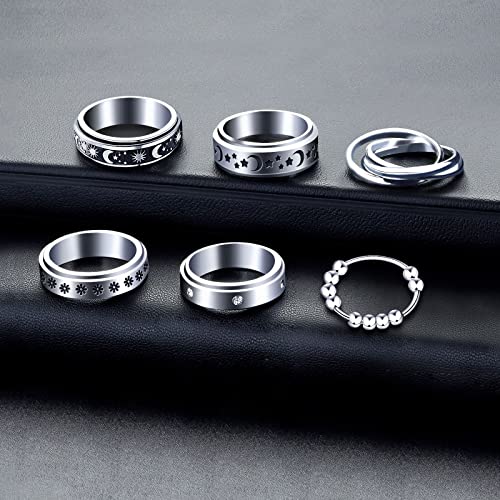 MUCAL 8-Pack Fidget Rings for Anxiety - Stainless Steel Spinner Rings with Moon, Star, Bead Designs - Sizes 6-10