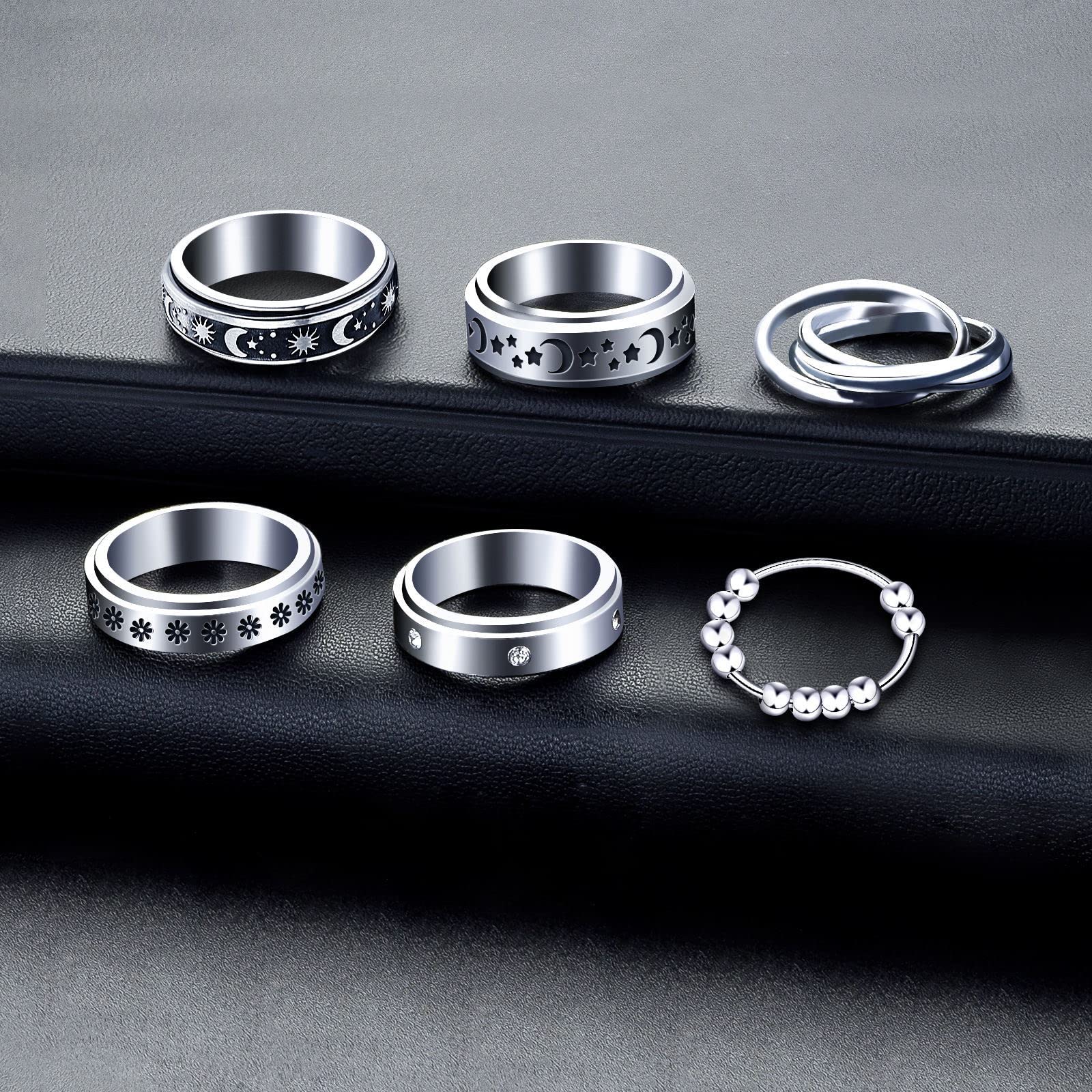 MUCAL 8-Pack Fidget Rings for Anxiety - Stainless Steel Spinner Rings with Moon, Star, Bead Designs - Sizes 6-10