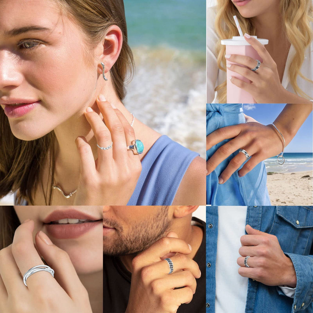MUCAL 8-Pack Fidget Rings for Anxiety - Stainless Steel Spinner Rings with Moon, Star, Bead Designs - Sizes 6-10