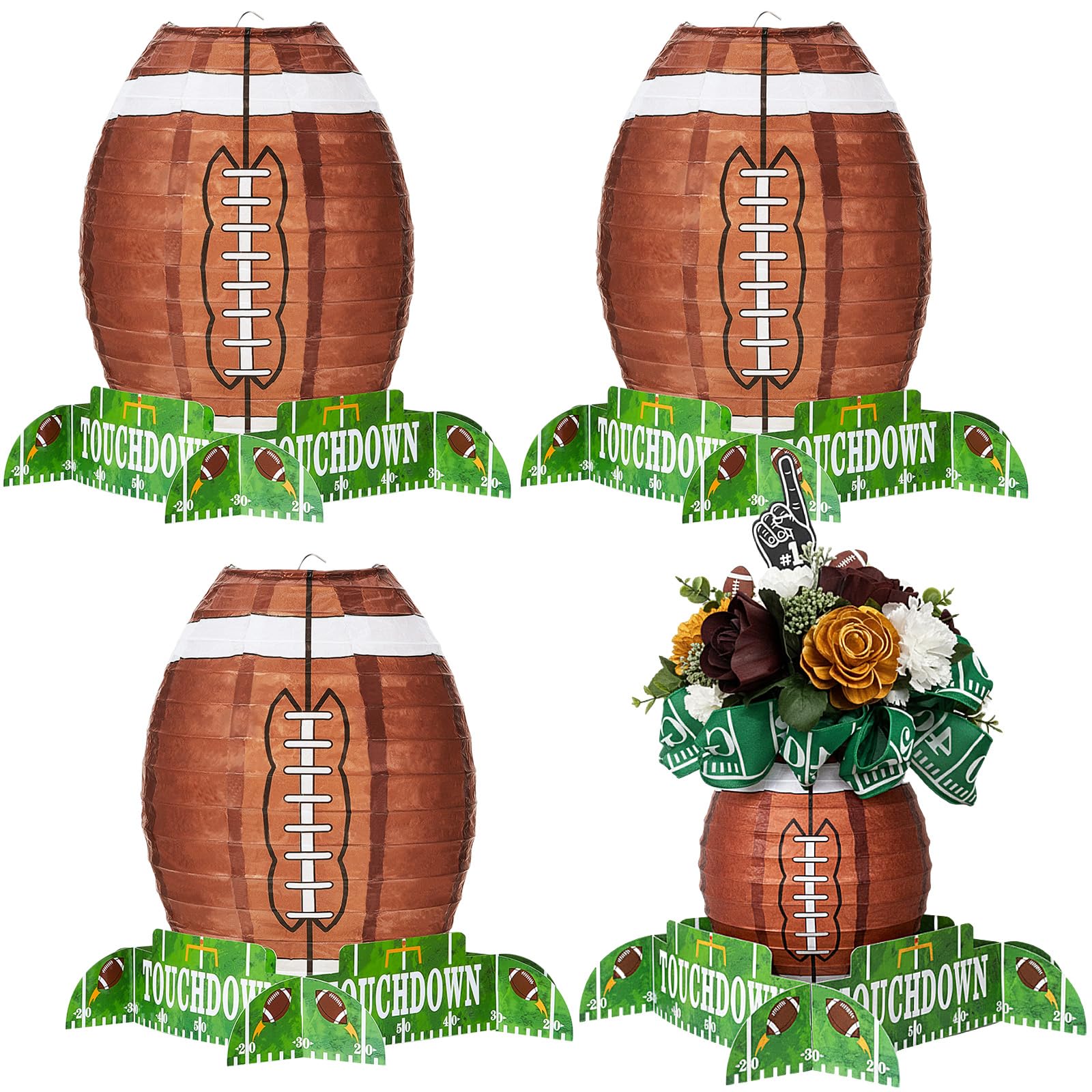 Mudder 4-Pack Football Paper Lantern Centerpieces with Stands - 12 Inch Brown American Soccer Ball Decor for Game Day Parties