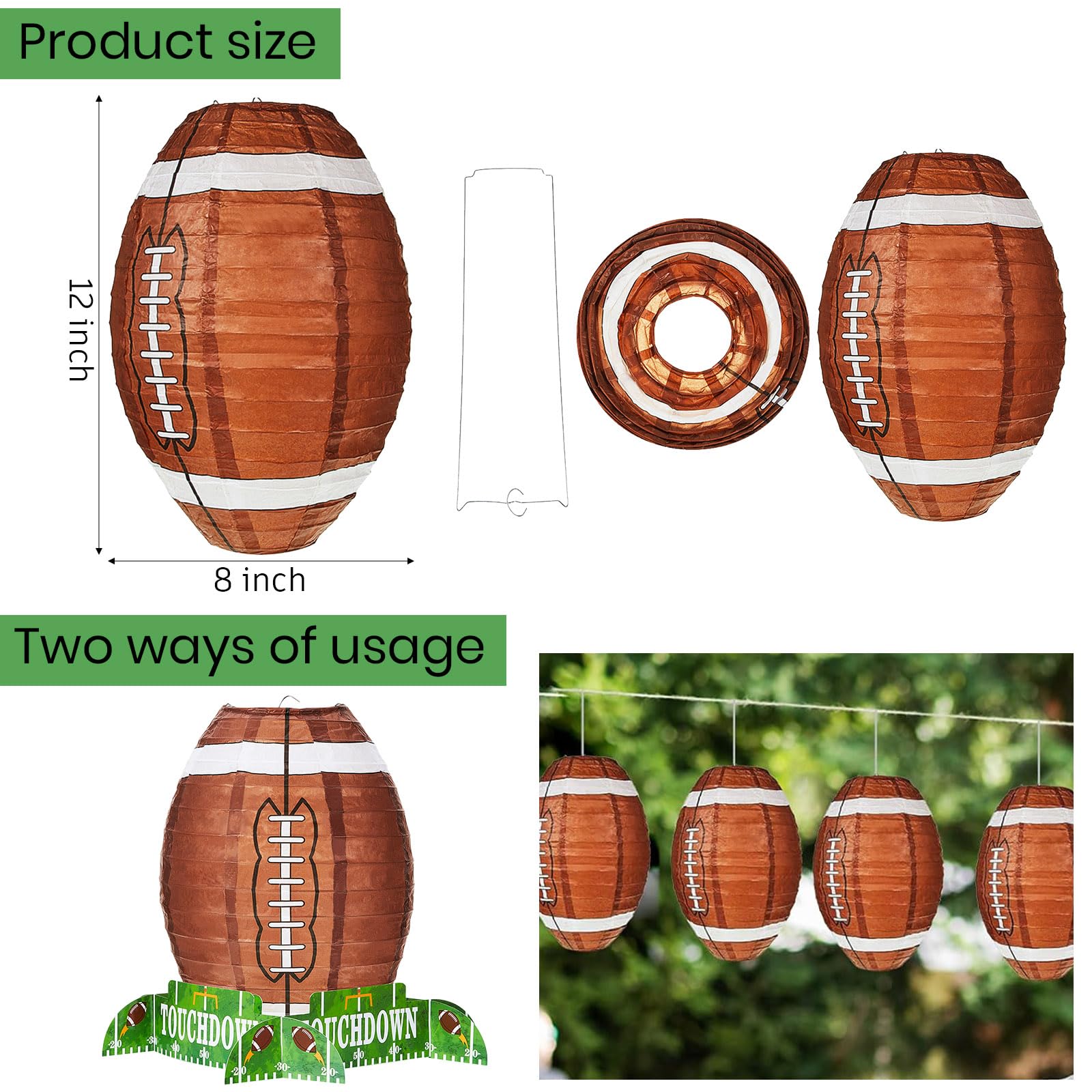 Mudder 4-Pack Football Paper Lantern Centerpieces with Stands - 12 Inch Brown American Soccer Ball Decor for Game Day Parties