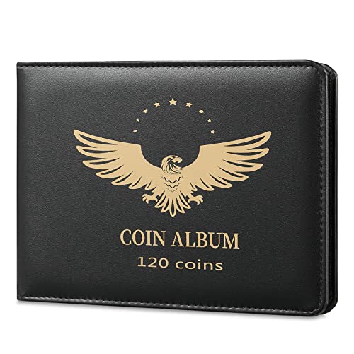 MUDOR Coin Collection Holder Book: PVC-Free 120 Pockets, PU Leather Cover for Half Dollar & Silver Dollar Coins