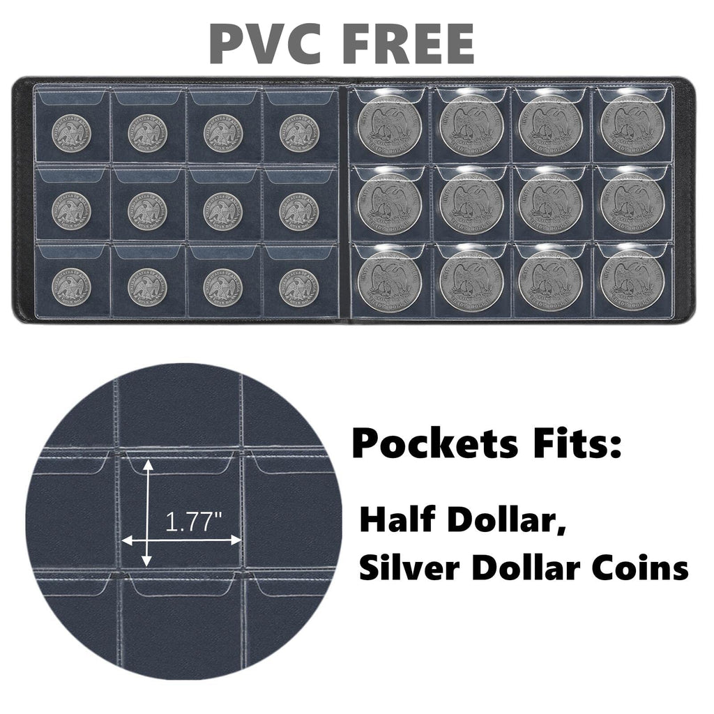 MUDOR Coin Collection Holder Book: PVC-Free 120 Pockets, PU Leather Cover for Half Dollar & Silver Dollar Coins