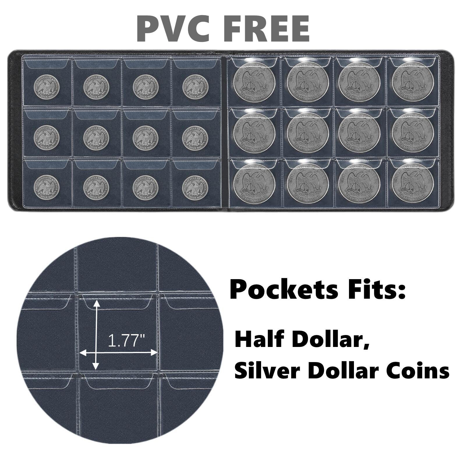 MUDOR Coin Collection Holder Book: PVC-Free 120 Pockets, PU Leather Cover for Half Dollar & Silver Dollar Coins
