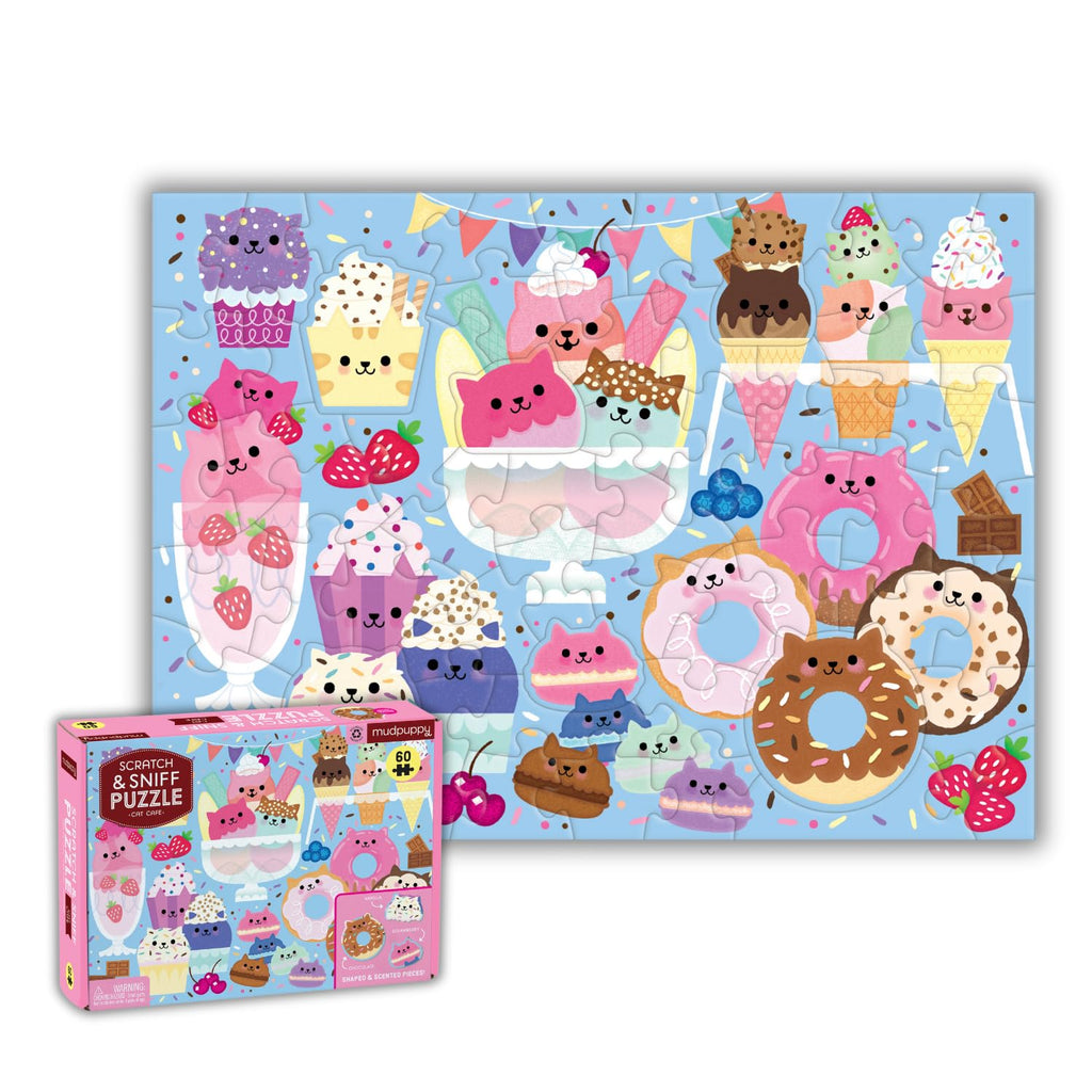 Mudpuppy Cat Cafe 60 Piece Scratch & Sniff Puzzle – Scented Jigsaw with Shaped Pieces