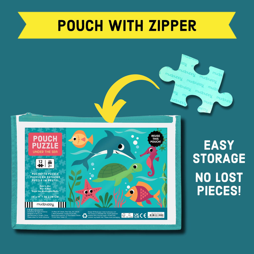 Mudpuppy Under the Sea 12-Piece Puzzle – Colorful Ocean Scene with Reusable Zipper Pouch for Toddlers Ages 2-4