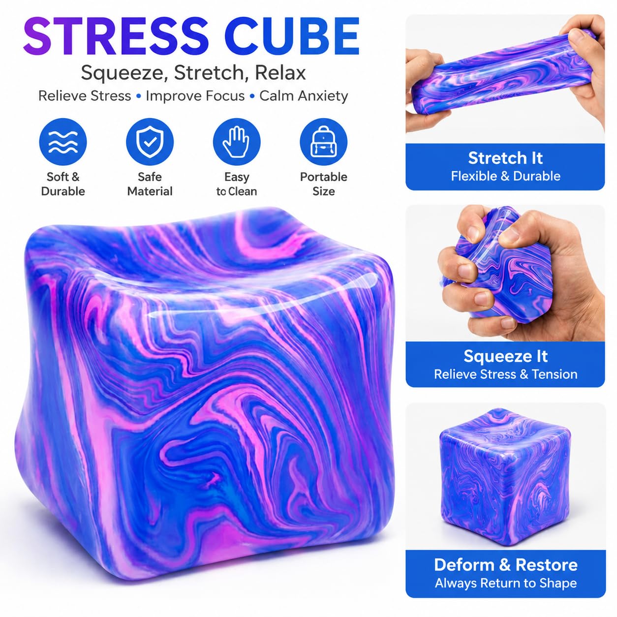 Muhubaih Stress Cube – Blue Slow-Rising Square Fidget Ball for Adults