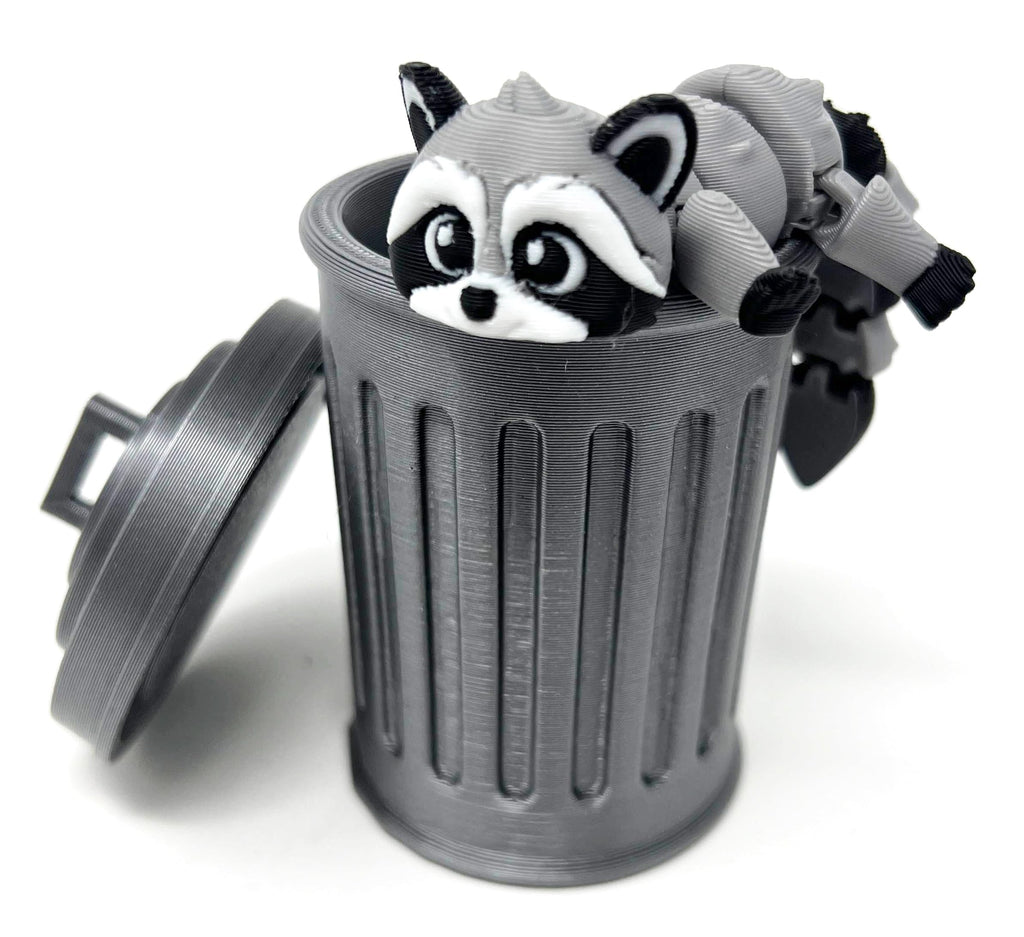 Munnygrubbers Articulating Raccoon Fidget Toy with Trash Can - 3D Printed Poseable Desk Toy