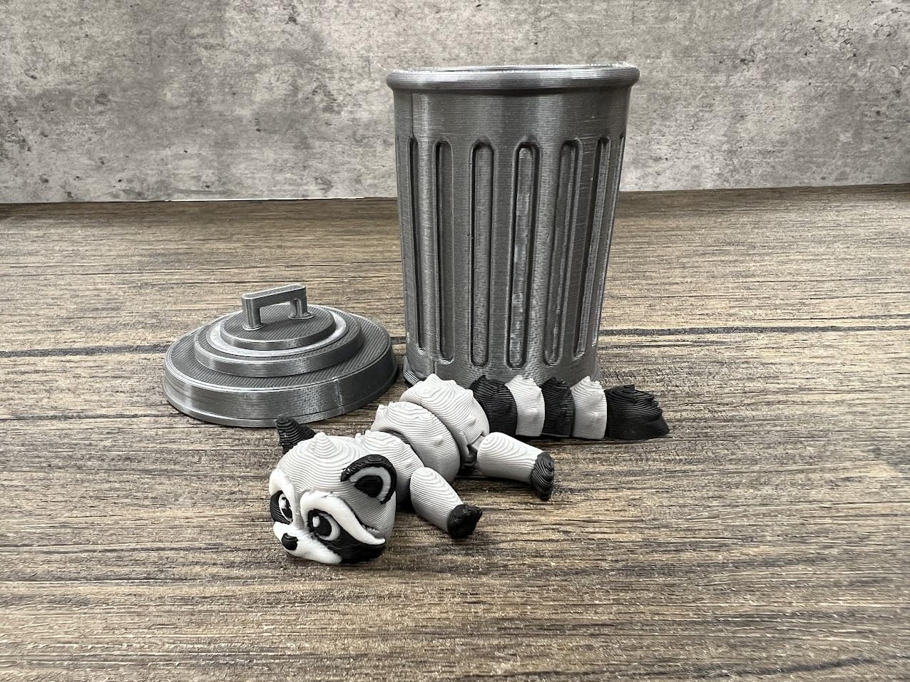Munnygrubbers Articulating Raccoon Fidget Toy with Trash Can - 3D Printed Poseable Desk Toy