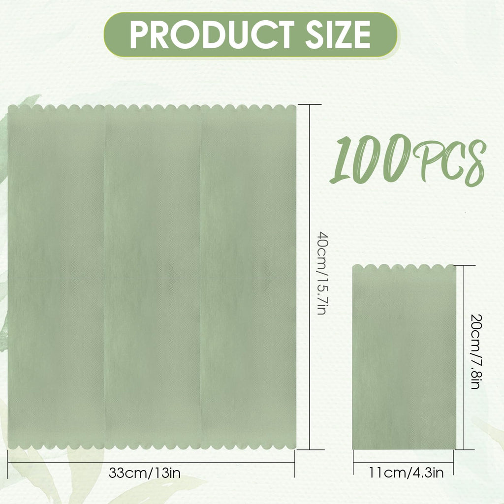 Muplaya 100-Pack Sage Green Scalloped Edge Paper Napkins – 2-Ply Disposable Dinner Napkins for Weddings, Parties, and Everyday Use