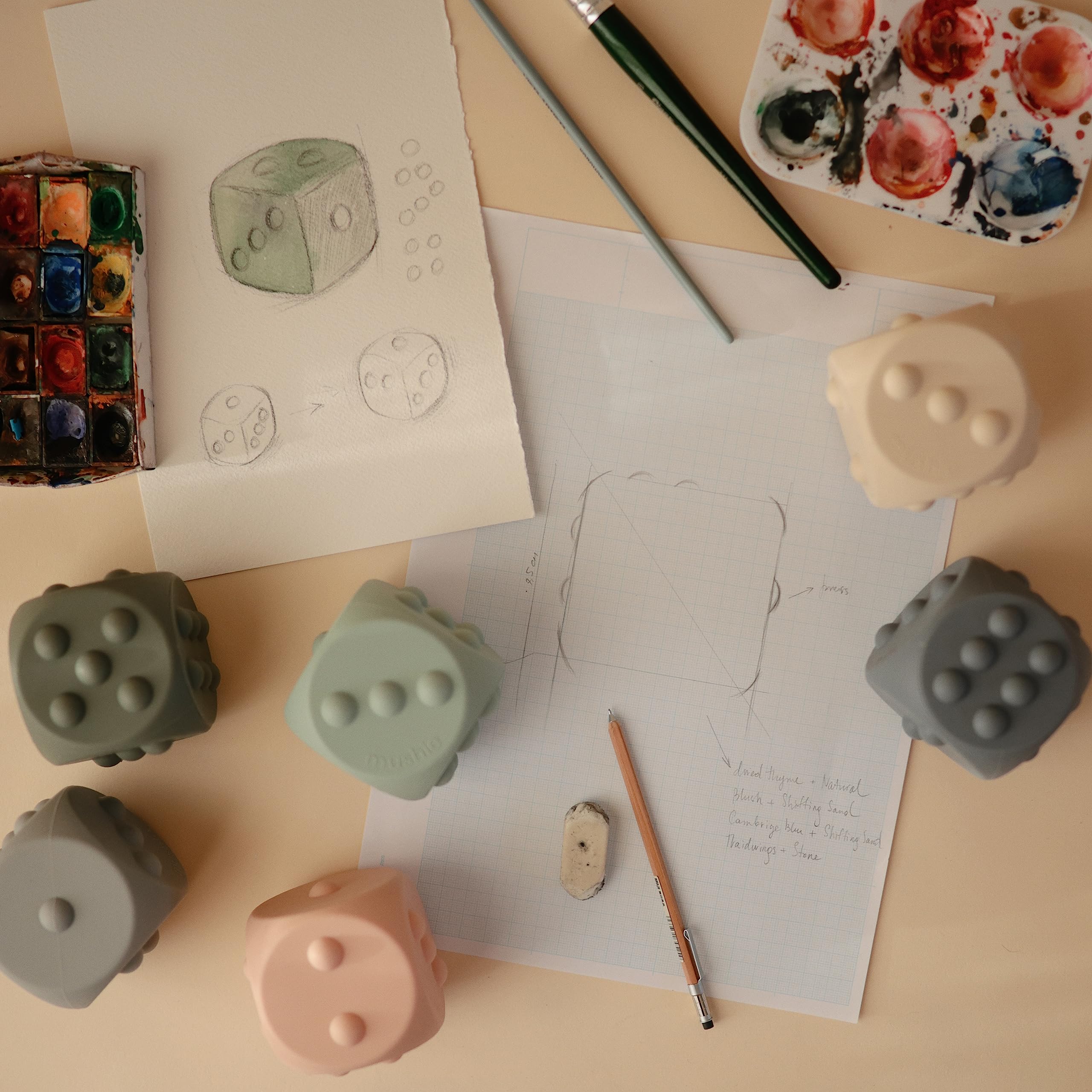 Mushie Silicone Dice Press Toy – Two Poppable Dice for Sensory and STEM Learning (Dried Thyme/Natural)