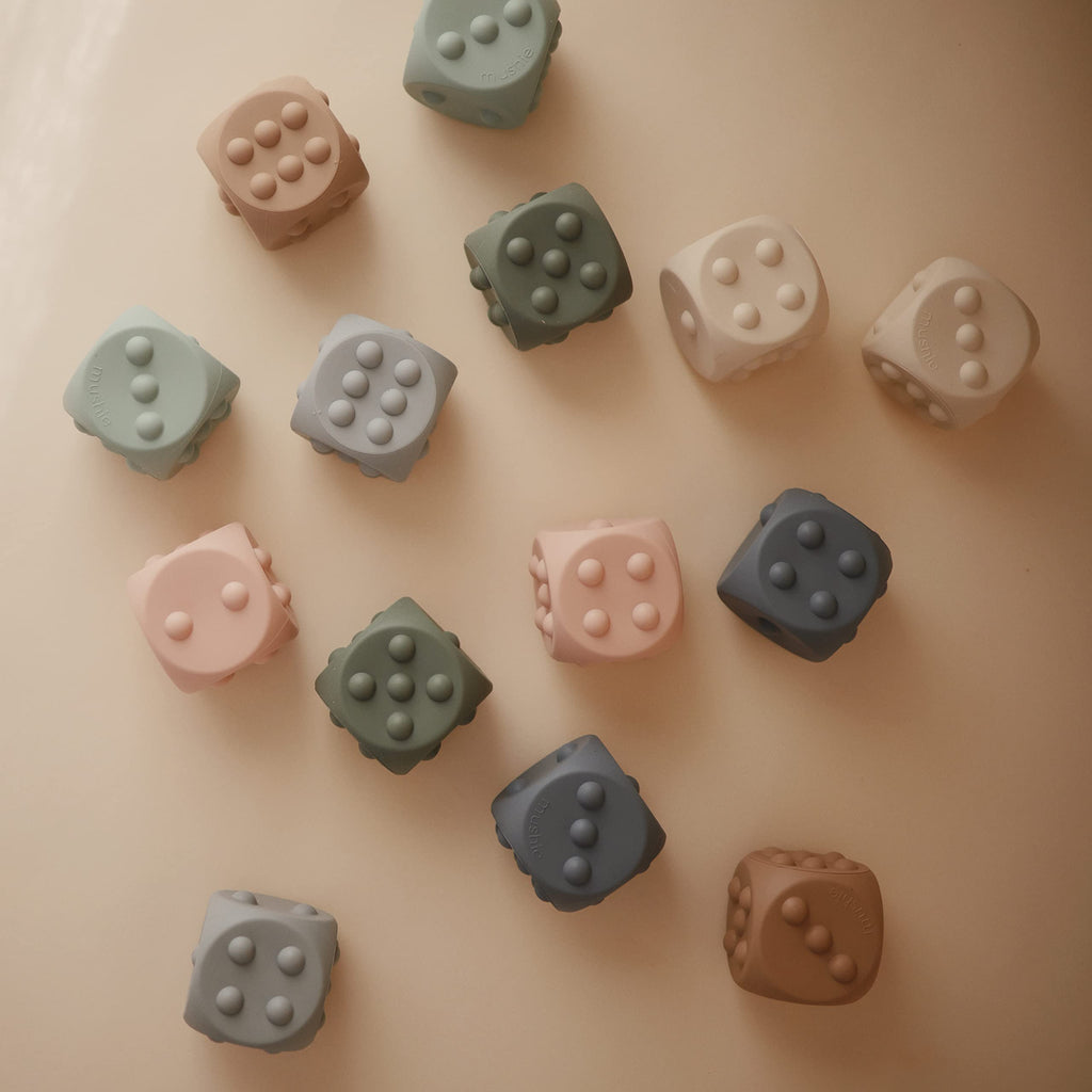 Mushie Silicone Dice Press Toy – Two Poppable Dice for Sensory and STEM Learning (Dried Thyme/Natural)
