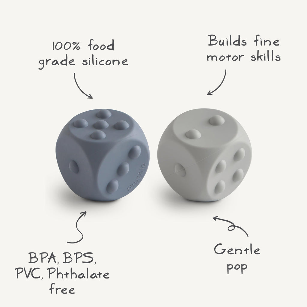Mushie Silicone Dice Press Toy – Two Poppable Dice for Sensory and STEM Learning (Dried Thyme/Natural)