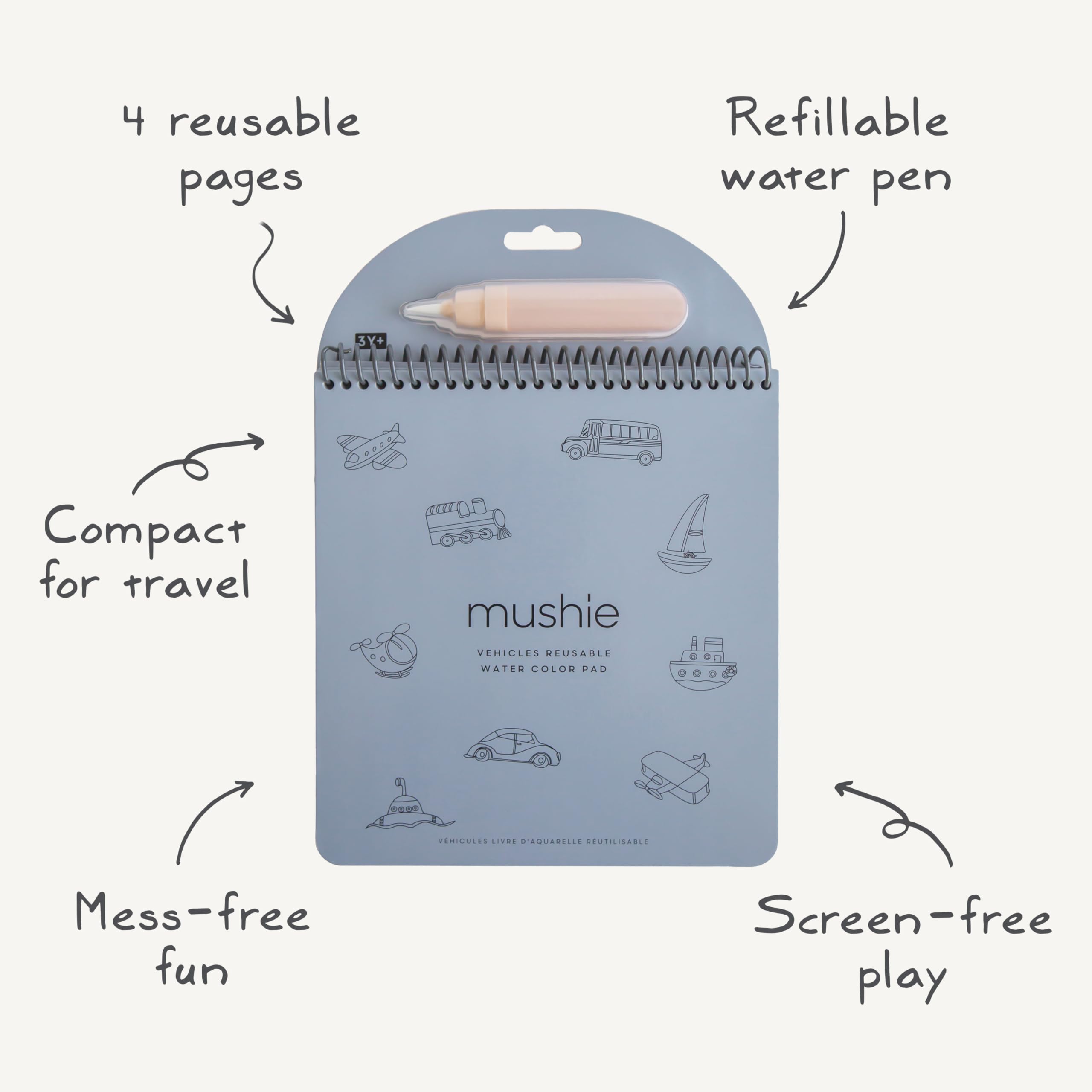 Mushie Vehicles Reusable Water Color Pad – Mess-Free Travel Art for Kids Ages 3+