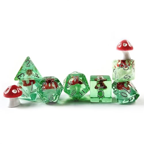 Mushroom DND Dice Set – 7-Piece Polyhedral Resin Dice with Cute Mushroom Inclusions for RPG Games