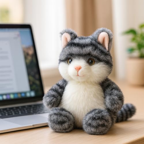 Mushymallow Gray Squeaky Cat Plush – Soft Palm-Sized Stuffed Animal for Stress Relief