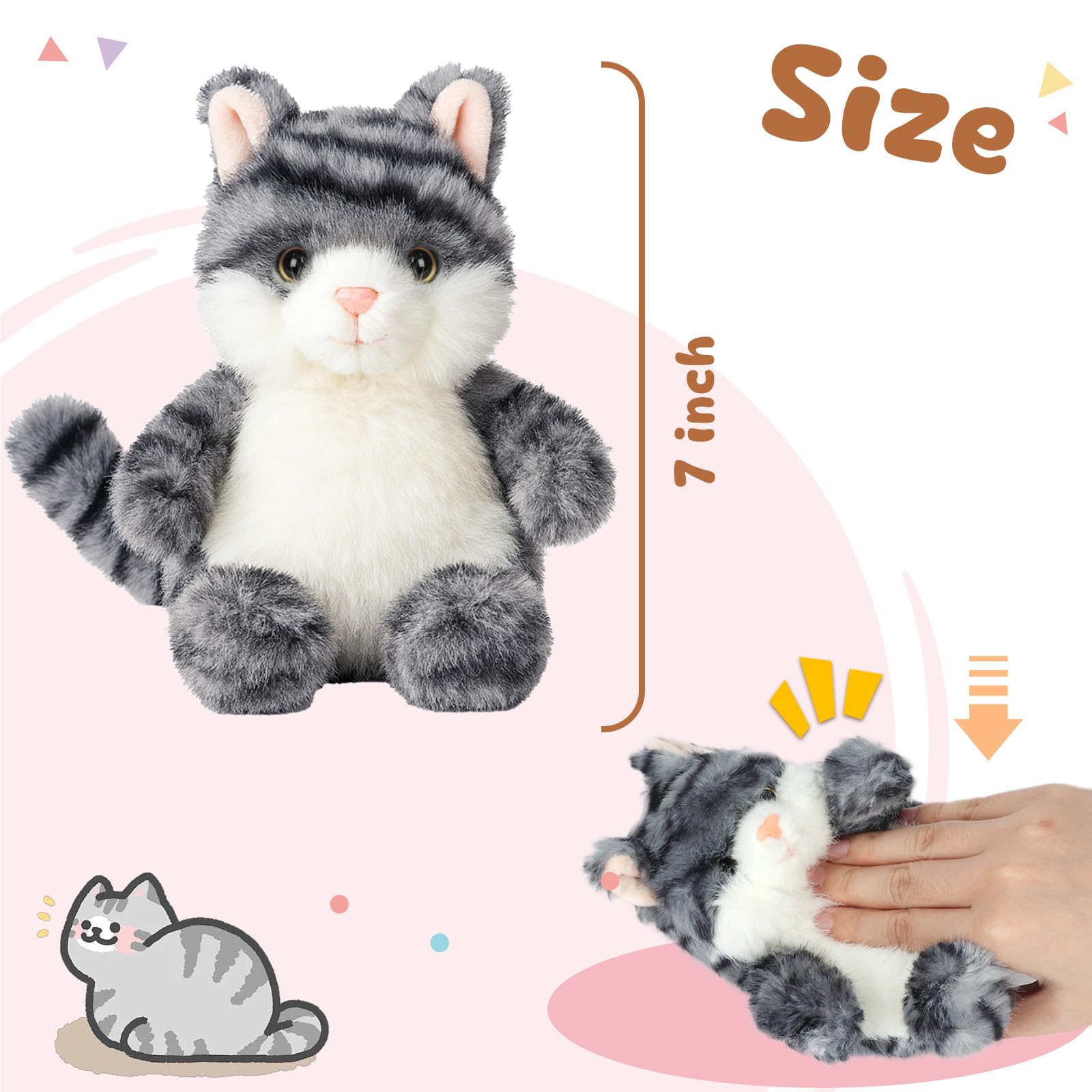 Mushymallow Gray Squeaky Cat Plush – Soft Palm-Sized Stuffed Animal for Stress Relief